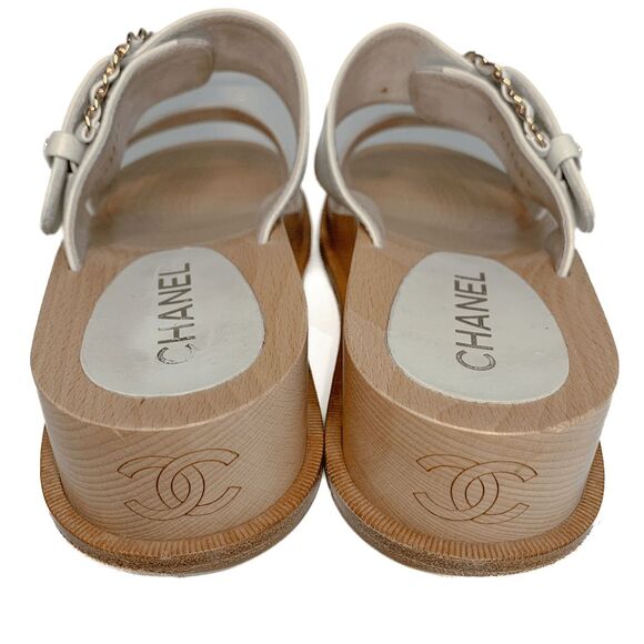 Chanel Interlocking CC Logo Slip On Slide Sandals EU 39 White Gold Chain Mules - Picture 6 of 11